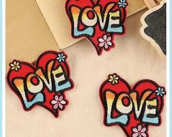 花とハートのアイロン接着パッチ、アイロン接着パッチ、フル刺繍パッチ、アップリケ、バッジ、裁縫、クラフト、ジャーナル、スクラップブック