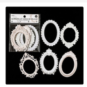 May include: A selection of white, decorative European mirror frames in different shapes, including oval and diamond. Some frames are packaged in a clear plastic bag. The text "EUROPEAN MIRROR FRAME" is visible on the packaging.