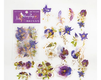 30 Pcs Purple Flowers Gold Foil Clear Sticker Floral Clear Sticker Scrapbooking Journal Junk Journal Kit, Violet Leaves