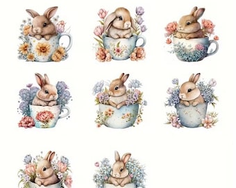 May include: Eight stickers featuring watercolor illustrations of bunnies nestled in floral teacups. The bunnies are various shades of brown, surrounded by colorful flowers in shades of pink, yellow, and blue. The teacups have floral patterns.