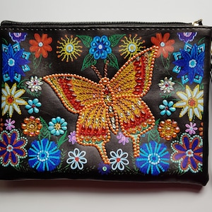 Handmade Diamond Art Clutch, Butterfly Floral Design, Faux Leather Pouch