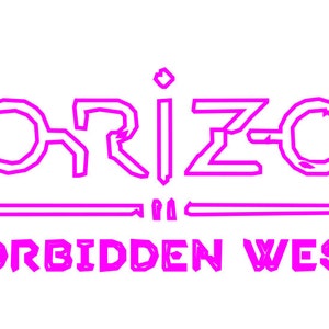 Puede incluir: Esquema rosa de la palabra "HORIZON" con una l&iacute;nea debajo y las palabras "FORBIDDEN WEST" debajo.
