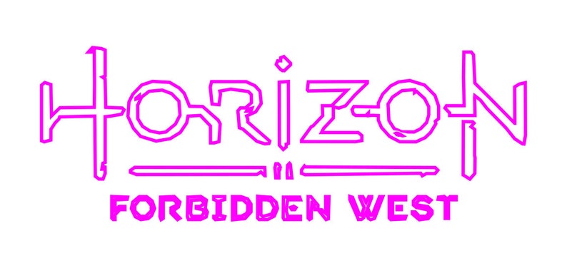 Puede incluir: Esquema rosa de la palabra "HORIZON" con una l&iacute;nea debajo y las palabras "FORBIDDEN WEST" debajo.