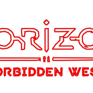 Puede incluir: Texto estilizado rojo que dice "HORIZON FORBIDDEN WEST".