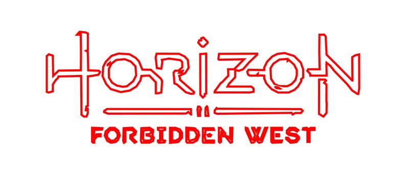 Puede incluir: Texto estilizado rojo que dice "HORIZON FORBIDDEN WEST".