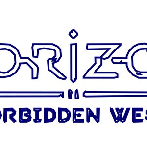 Puede incluir: Un logotipo azul y blanco para el videojuego Horizon Forbidden West. El logotipo presenta la palabra "Horizon" en una fuente estilizada con una l&iacute;nea debajo. Las palabras "Forbidden West" est&aacute;n escritas debajo de la palabra "Horizon".