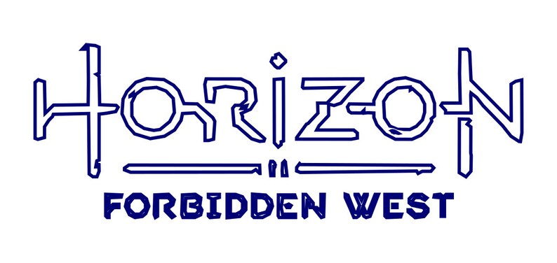 Puede incluir: Un logotipo azul y blanco para el videojuego Horizon Forbidden West. El logotipo presenta la palabra "Horizon" en una fuente estilizada con una l&iacute;nea debajo. Las palabras "Forbidden West" est&aacute;n escritas debajo de la palabra "Horizon".