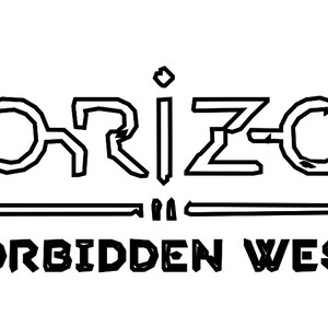 Puede incluir: Logotipo en blanco y negro para el videojuego Horizon Forbidden West. El logotipo presenta la palabra "Horizon" en una fuente estilizada con una l&iacute;nea debajo y las palabras "Forbidden West" debajo.