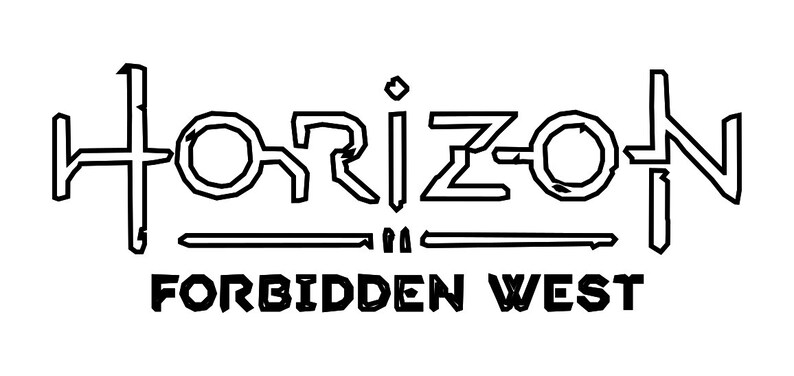 Puede incluir: Logotipo en blanco y negro para el videojuego Horizon Forbidden West. El logotipo presenta la palabra "Horizon" en una fuente estilizada con una l&iacute;nea debajo y las palabras "Forbidden West" debajo.