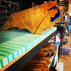 May include: A shelf displays multiple leaf-shaped art pieces with a textured, golden-brown surface and blue accents. The pieces are arranged on a shelf with light blue foam supports, suggesting a craft or art supply store.