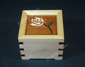 Music Box with Auto Play Stop trigger and Rose Marquetry Inlay, Play Select Tune from List, Personalise or Customise Available