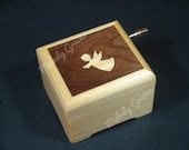 Handcrafted wooden music box with Angel marquetry inlay and play selected tune from list, Perosnalise and customise available