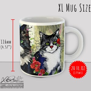 XL Tuxedo Cat Lover's Mug 20 fl oz Tuxedo Cats Spring Flowers by Kat Pearson Perfect Gift for Cat Enthusiasts. Extra Large 1 pint mug image 3