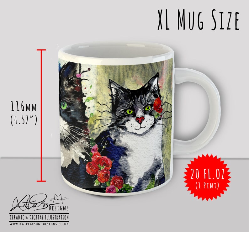 XL Tuxedo Cat Lover's Mug 20 fl oz Tuxedo Cats Spring Flowers by Kat Pearson Perfect Gift for Cat Enthusiasts. Extra Large 1 pint mug image 3