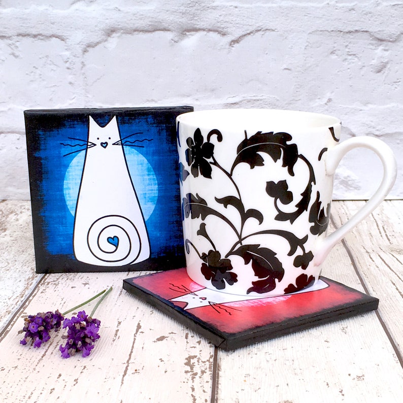 Colourful Cat Coaster Set: Cat Gifts, Ceramic Drink Coasters, Cat Home Decor, Housewarming, Gift for Cat Lover, White Cat, Gift for Women image 2