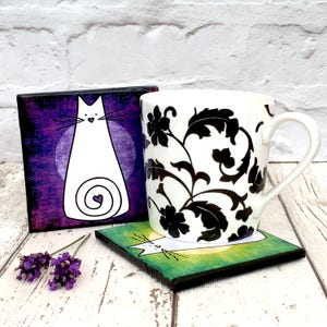 Colourful Cat Coaster Set: Cat Gifts, Ceramic Drink Coasters, Cat Home Decor, Housewarming, Gift for Cat Lover, White Cat, Gift for Women image 4