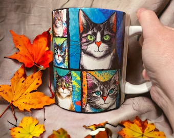 XL Cat Lover's Mug (20 fl oz) with Colourful Cat Paintings by Kat Pearson - Perfect Gift for Cat Enthusiasts. Extra Large - 1 pint mug