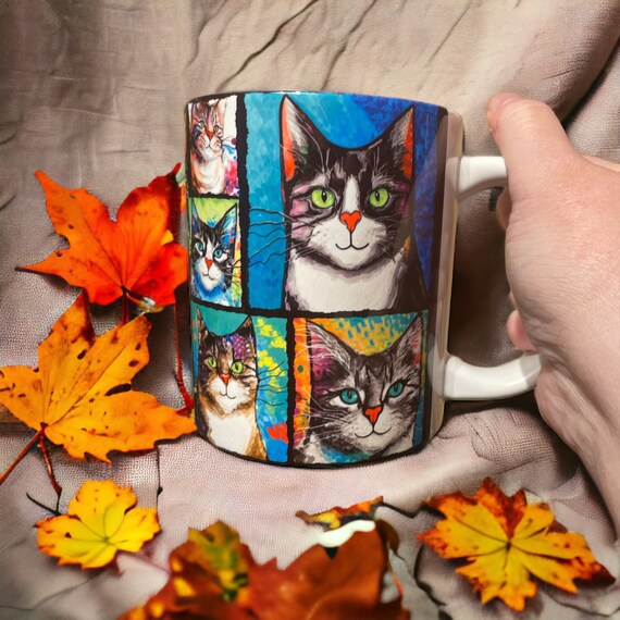 XL Cat Lover's Mug (20 fl oz) with Colourful Cat Paintings by Kat Pearson - Perfect Gift for Cat Enthusiasts. Extra Large - 1 pint mug