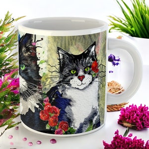 XL Tuxedo Cat Lover's Mug 20 fl oz Tuxedo Cats Spring Flowers by Kat Pearson Perfect Gift for Cat Enthusiasts. Extra Large 1 pint mug image 4