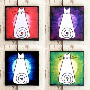 Colourful Cat Coaster Set: Cat Gifts, Ceramic Drink Coasters, Cat Home Decor, Housewarming, Gift for Cat Lover, White Cat, Gift for Women image 1