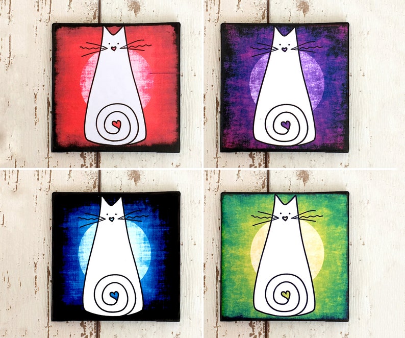 Colourful Cat Coaster Set: Cat Gifts, Ceramic Drink Coasters, Cat Home Decor, Housewarming, Gift for Cat Lover, White Cat, Gift for Women image 1