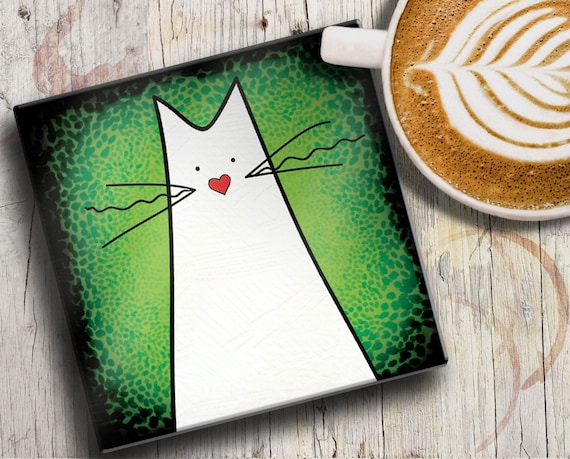 CAT COASTER: white cat on colourful green/black square ceramic tile drinks coaster. Cute kitten gift for a cat lady, cat lovers and cat mums