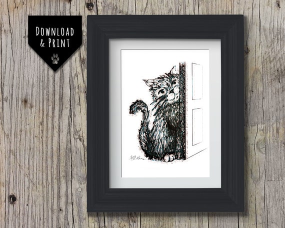 Cute Cat Wall Art: Downloadable print, Pen and Ink Cat print, Cat Portrait, Instant download, Cheeky Kitten