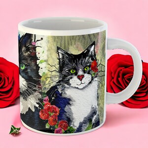 XL Tuxedo Cat Lover's Mug 20 fl oz Tuxedo Cats Spring Flowers by Kat Pearson Perfect Gift for Cat Enthusiasts. Extra Large 1 pint mug image 6