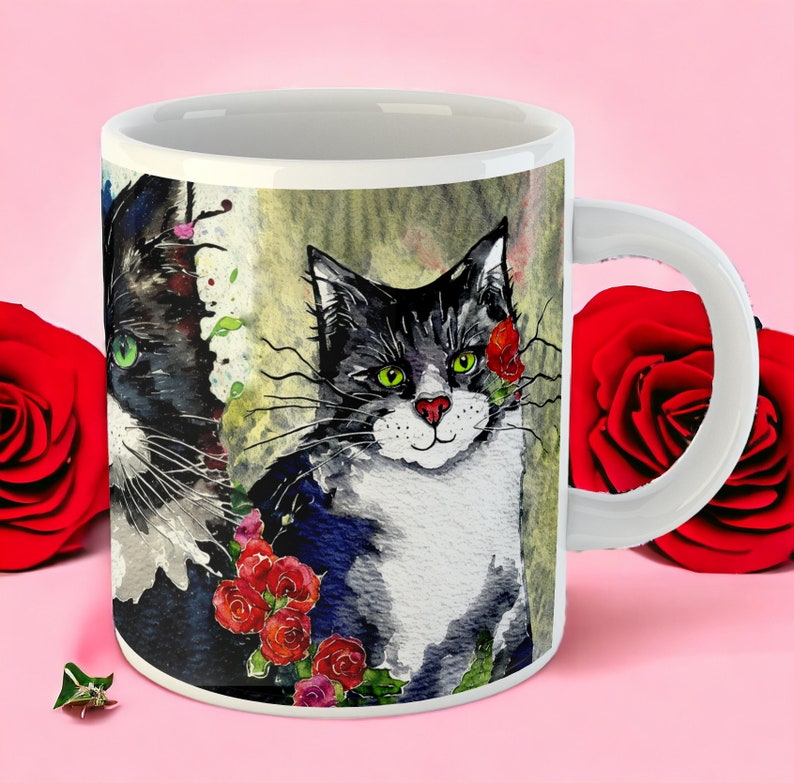 XL Tuxedo Cat Lover's Mug 20 fl oz Tuxedo Cats Spring Flowers by Kat Pearson Perfect Gift for Cat Enthusiasts. Extra Large 1 pint mug image 6