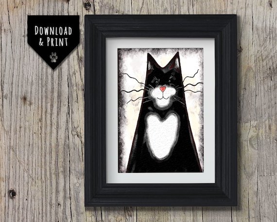 Cat Wall Art: Tuxedo Cat, Downloadable print, Watercolour Cat print, Cat Portrait, Instant download, Sleeping Cat Print, Black and white Cat