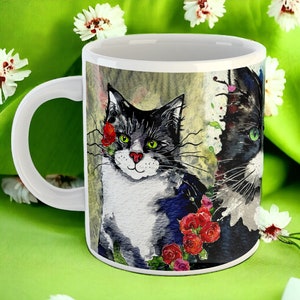 XL Tuxedo Cat Lover's Mug 20 fl oz Tuxedo Cats Spring Flowers by Kat Pearson Perfect Gift for Cat Enthusiasts. Extra Large 1 pint mug image 5