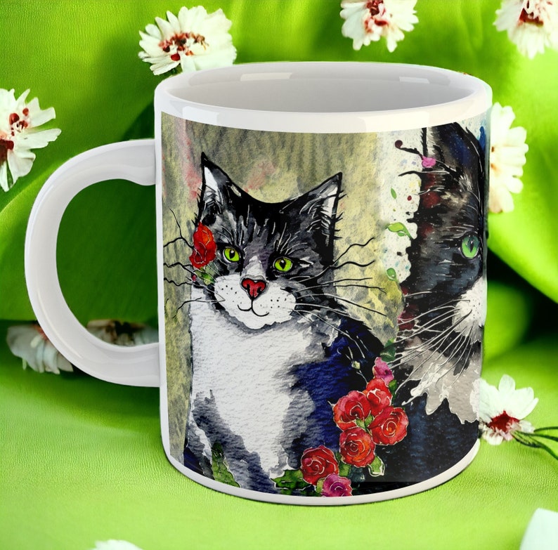 XL Tuxedo Cat Lover's Mug 20 fl oz Tuxedo Cats Spring Flowers by Kat Pearson Perfect Gift for Cat Enthusiasts. Extra Large 1 pint mug image 5