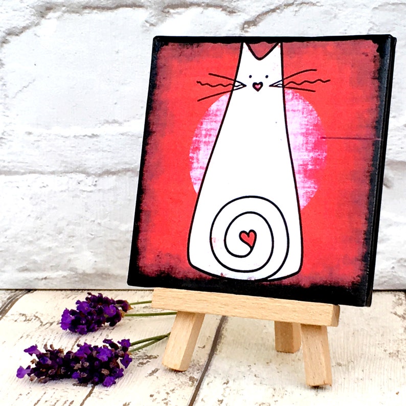 Colourful Cat Coaster Set: Cat Gifts, Ceramic Drink Coasters, Cat Home Decor, Housewarming, Gift for Cat Lover, White Cat, Gift for Women image 10