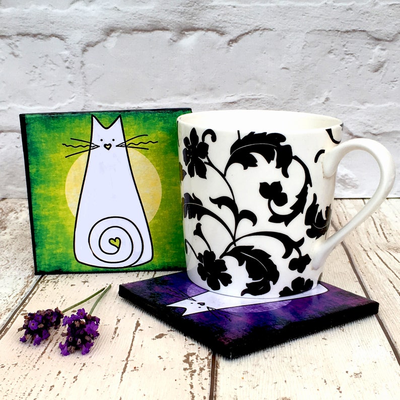 Colourful Cat Coaster Set: Cat Gifts, Ceramic Drink Coasters, Cat Home Decor, Housewarming, Gift for Cat Lover, White Cat, Gift for Women image 3