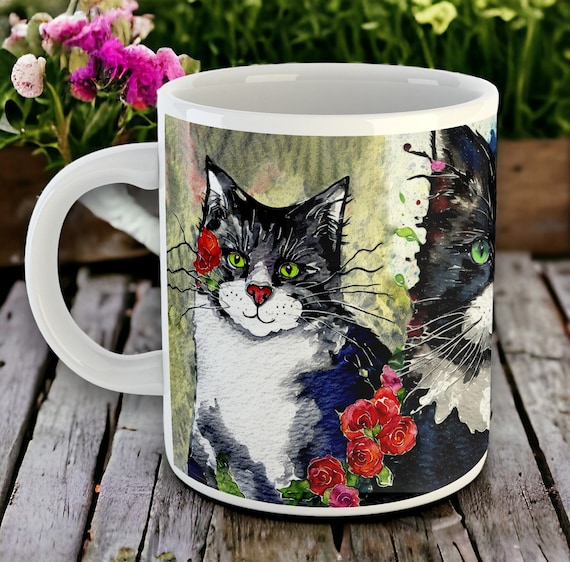 XL Tuxedo Cat Lover's Mug (20 fl oz) Tuxedo Cats Spring Flowers by Kat Pearson - Perfect Gift for Cat Enthusiasts. Extra Large - 1 pint mug