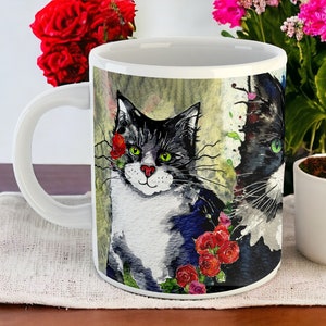 XL Tuxedo Cat Lover's Mug 20 fl oz Tuxedo Cats Spring Flowers by Kat Pearson Perfect Gift for Cat Enthusiasts. Extra Large 1 pint mug image 7