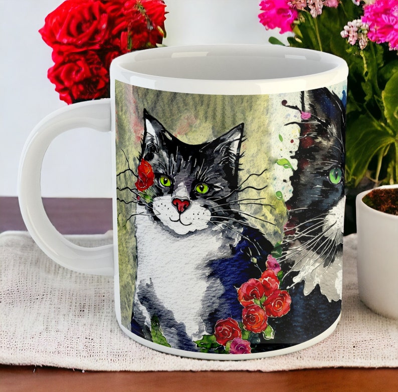 XL Tuxedo Cat Lover's Mug 20 fl oz Tuxedo Cats Spring Flowers by Kat Pearson Perfect Gift for Cat Enthusiasts. Extra Large 1 pint mug image 7