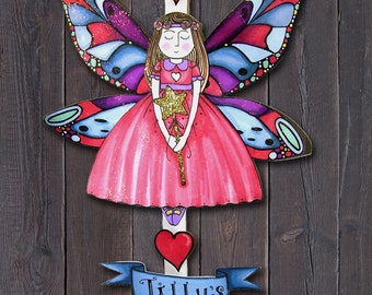 Personalised Fairy Door Hanger; Children's Rooms; Children's Names; Paper Fairy; Illustrated; Name Plate; Hand cut; Glitter Fairy; Door Name