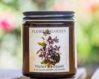 Hostess gifts Scented soy candle VIOLET BOUQUET, natural candles, vegan, flower candle, 4 oz, floral scent