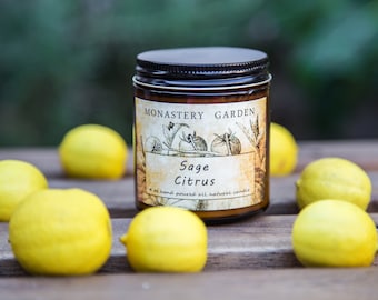 Scented SAGE CITRUS natural soy candle, perfect gift for vegan, all natural california candle, amber jar candles