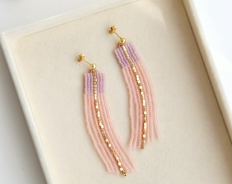 Matte pink and gold fringe earrings | Purple amethyst beaded tassel earrings | Lightweight dangle earrings | Boho earrings - gift for Her