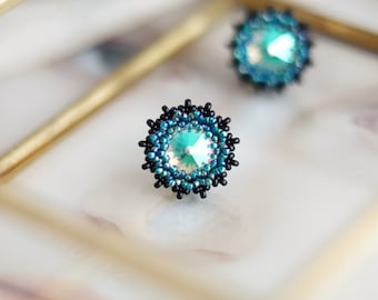 Teal and black beaded Swarovski stud earrings | Rainbow blue and green silver stud earrings | Crystal halo earrings with seed beads