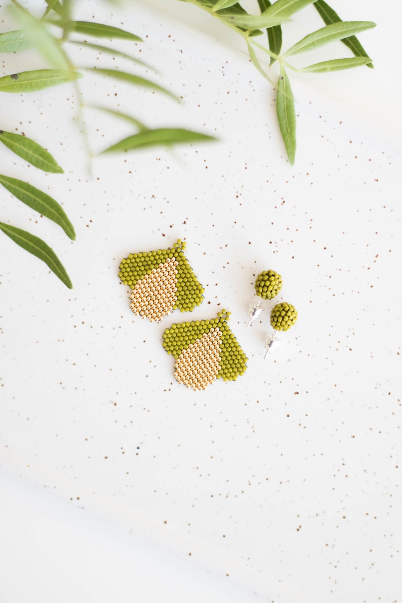 Double sided earrings Botanical earrings Dainty ear jacket earrings Ear jackets gold Olive green earrings Front back earrings