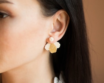 Gold and ivory white ear jacket earrings - gift for Her / Minimalist & modern beaded stud earrings /Dainty seed bead ginkgo climber earrings