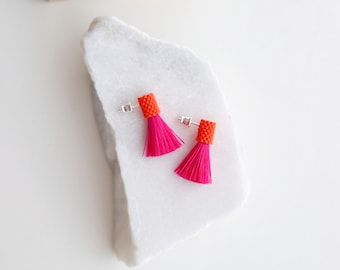 Orange & magenta tassel earrings | Hot pink mini tassel earrings | Short tassel earrings with silver studs | Small statement earrings