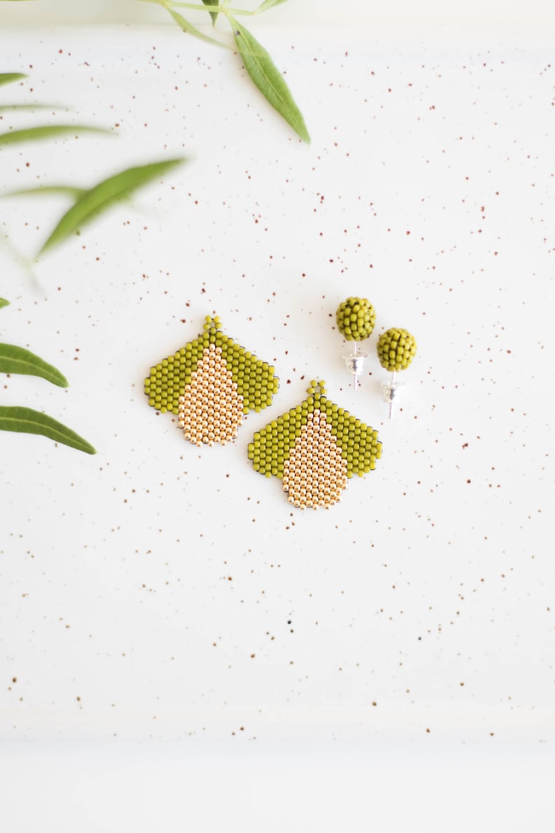 Double sided earrings Botanical earrings Dainty ear jacket earrings Ear jackets gold Olive green earrings Front back earrings