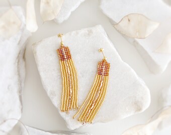 Gold and light topaz beaded tassel earrings / Boho wedding dangle earrings / Statement seed bead earrings / Long drop earrings with studs