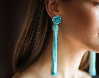 Turquoise beaded tassel earrings with Swarovski crystals and sterling silver posts