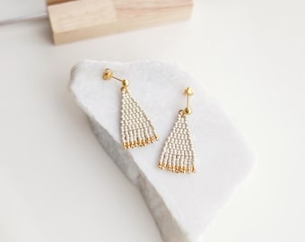 Silver and gold beaded fringe earrings / Small tassel dangle earrings / Seed bead drop tassel earrings / Mini tassel earrings with studs
