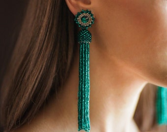 Emerald green beaded tassel earrings, Long fringe danglers, Handmade crystal statement shoulder dusters, Boho drop wedding jewelry